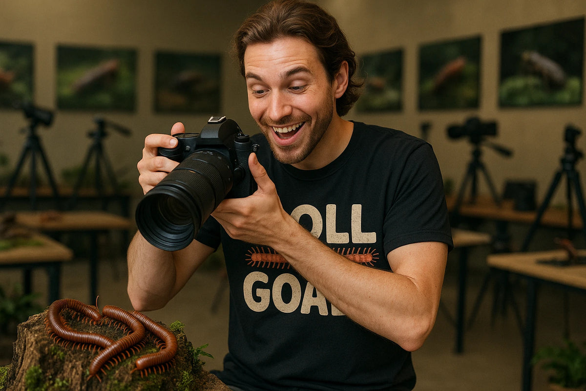 Lifestyle shot of the "Roll Goals" black millipede t shirt in a real-world setting
