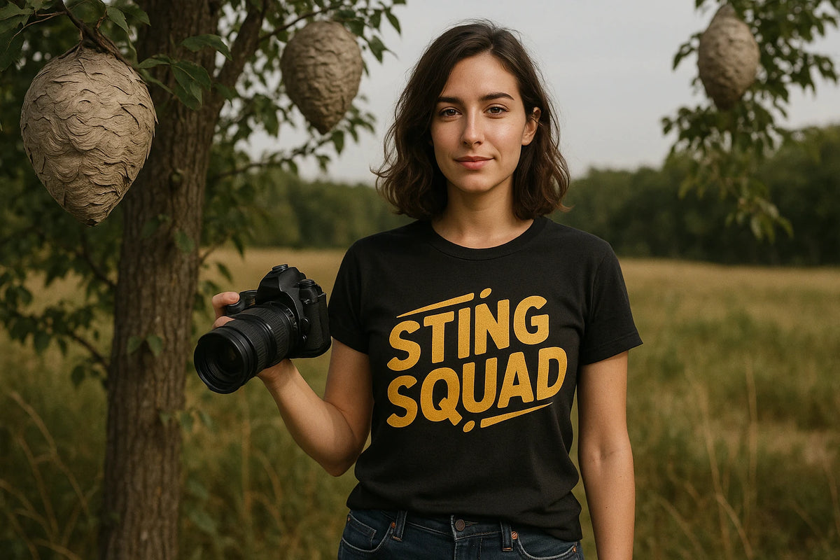 Lifestyle shot of the "Sting Squad" black hornet shirts in a real-world setting