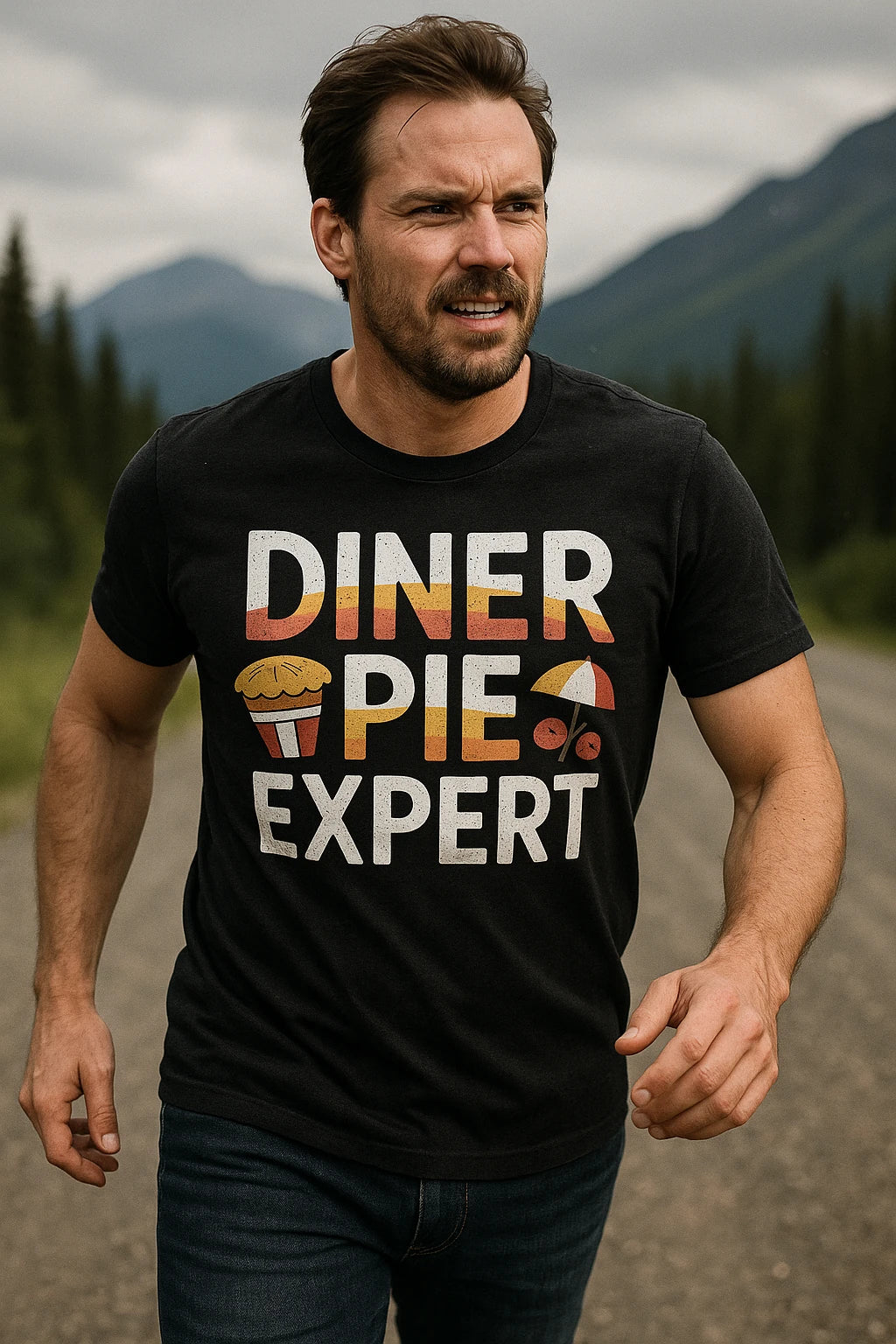 "Diner Pie Expert" black road trip tee shirts, photographed as gifts for road trip lovers