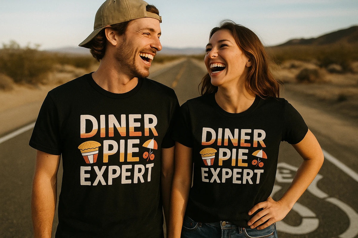 Person wearing the black road trip tee shirts graphic tee - "Diner Pie Expert" design