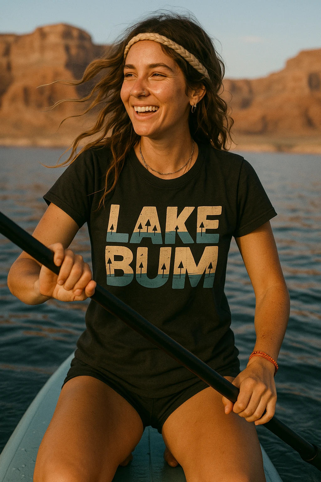 "Lake Bum" black lake t shirt, photographed as best gifts for lake lovers