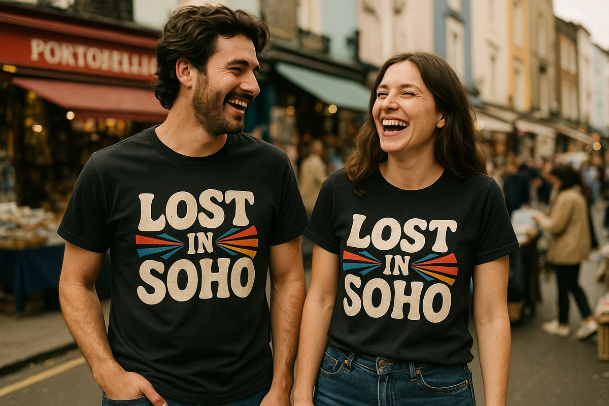 Person wearing the black london shirts graphic tee - "Lost in Soho" design