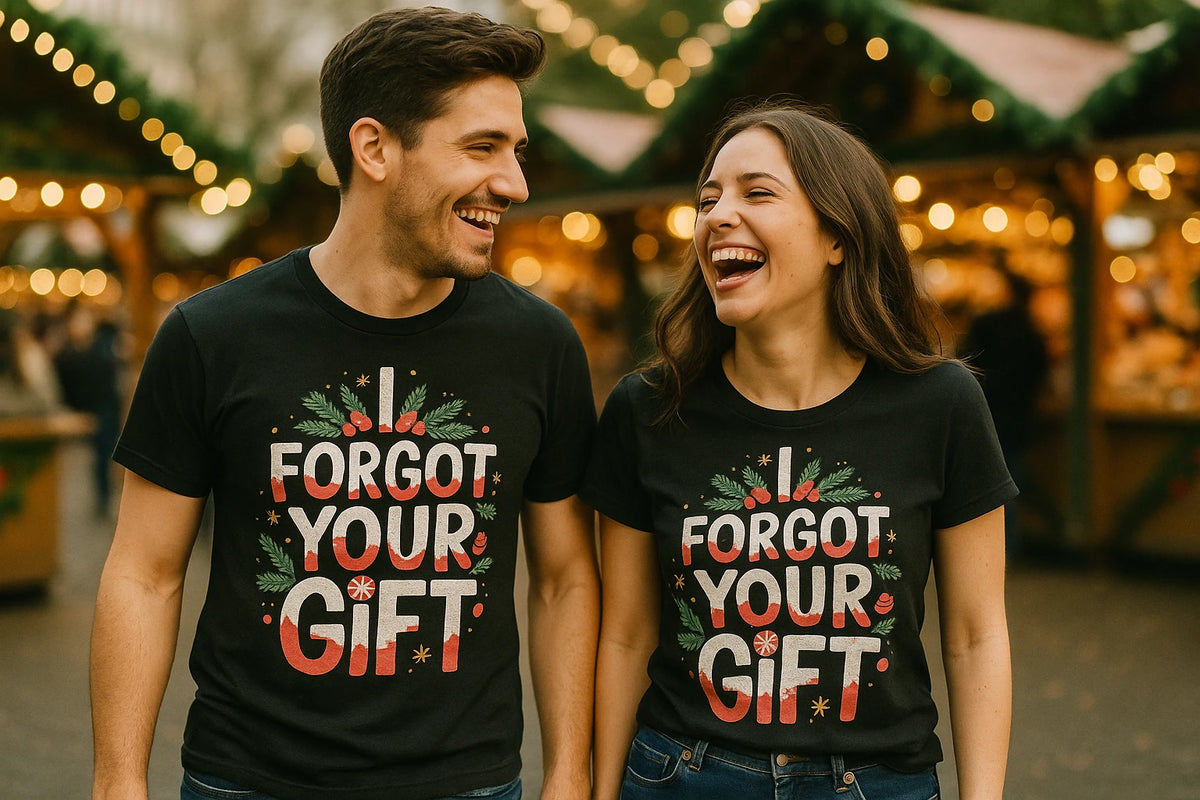 Person wearing the black christmas tee shirts graphic tee - "I Forgot Your Gift" design