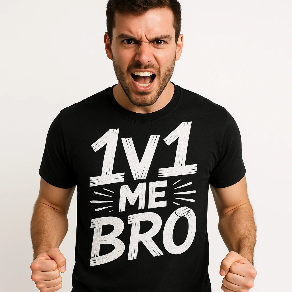 Close-up of the "1V1 Me Bro" white print on a premium Bella+Canvas black esport shirts