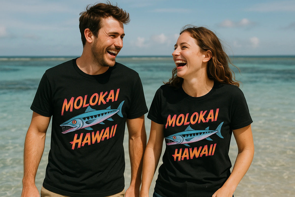 Person wearing the black barracuda shirts graphic tee - "Molokai Hawaii" design