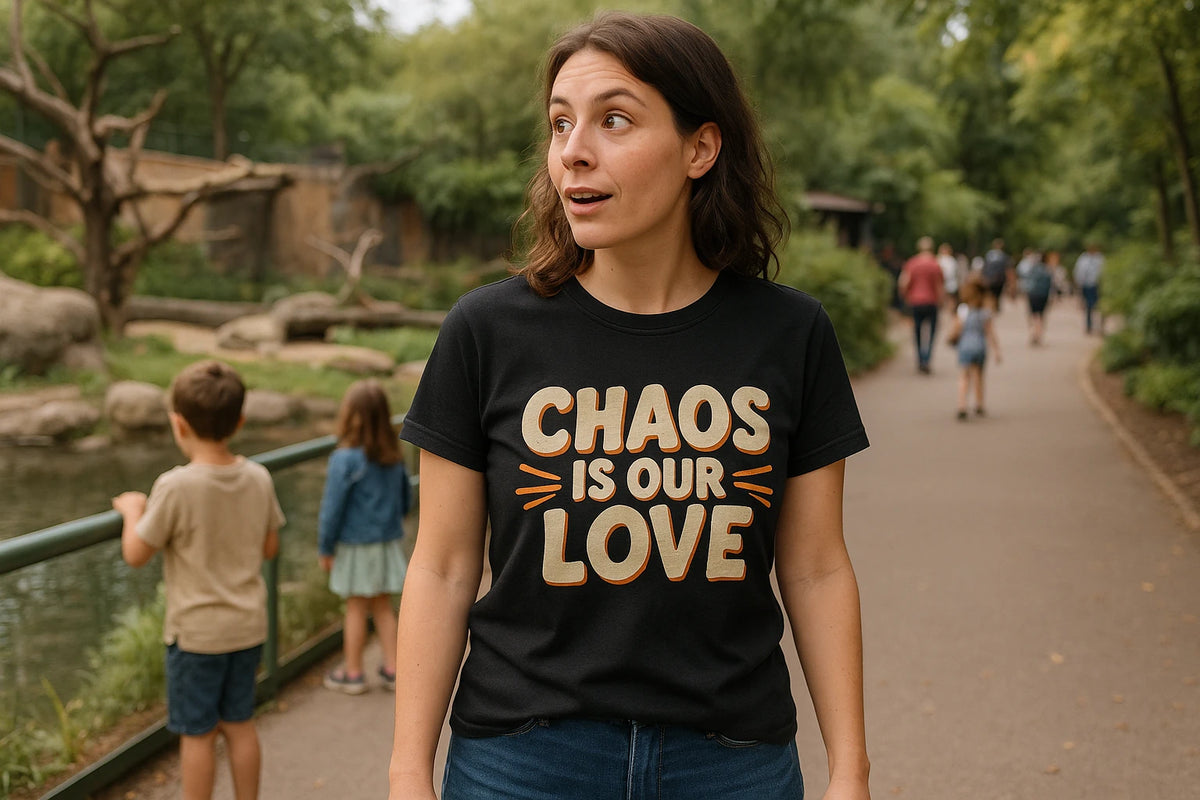Lifestyle shot of the "Chaos Is Our Love" black family life t shirt in a real-world setting