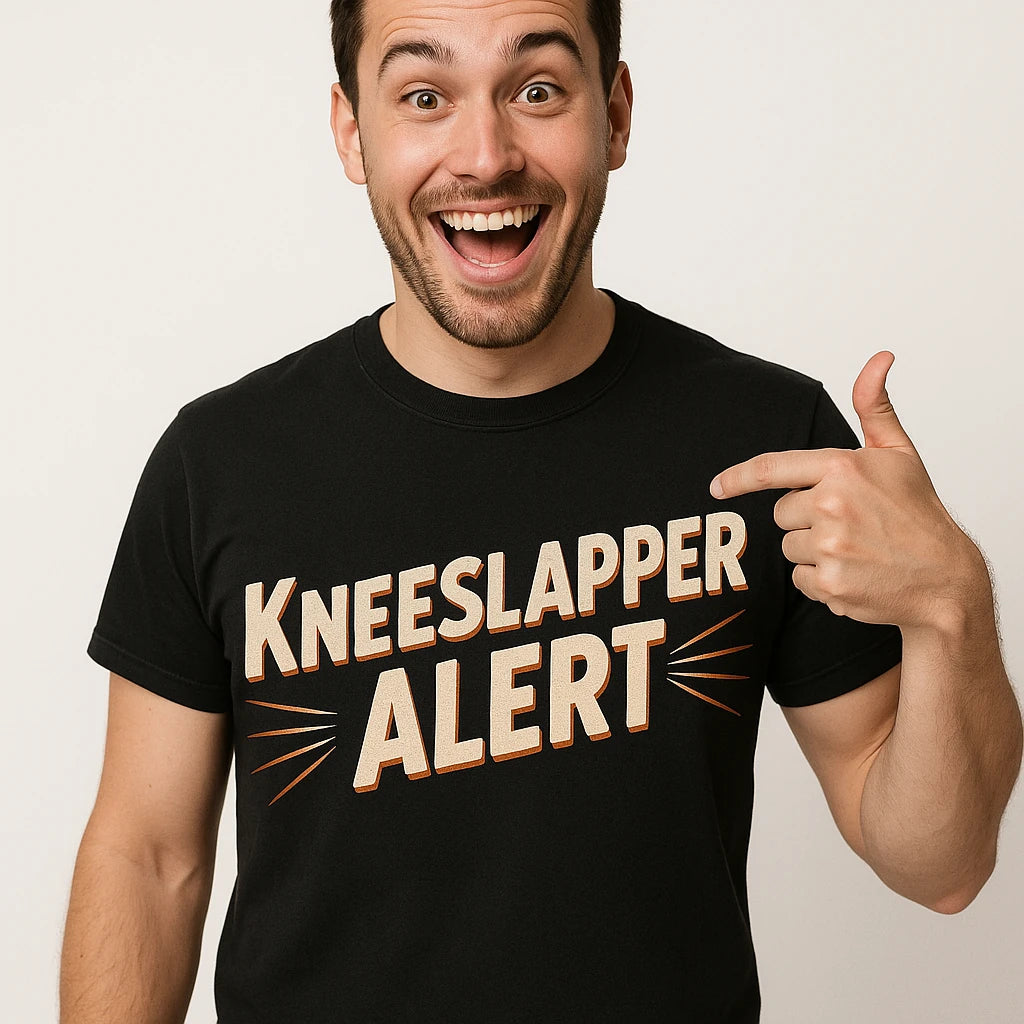 Close-up of the "Kneeslapper Alert" beige print on a premium Bella+Canvas black comedy t shirt