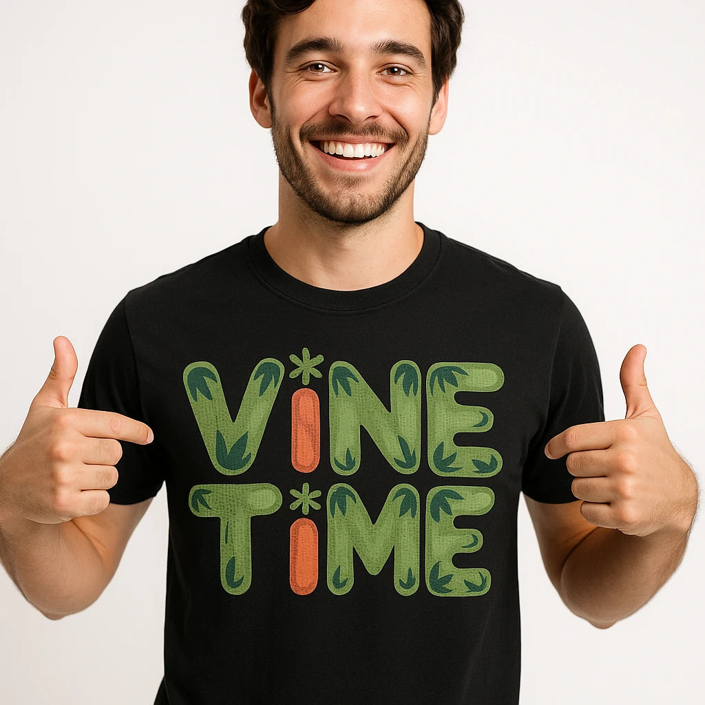 Close-up of the "Vine Time" gray print on a premium Bella+Canvas black rainforest t shirt