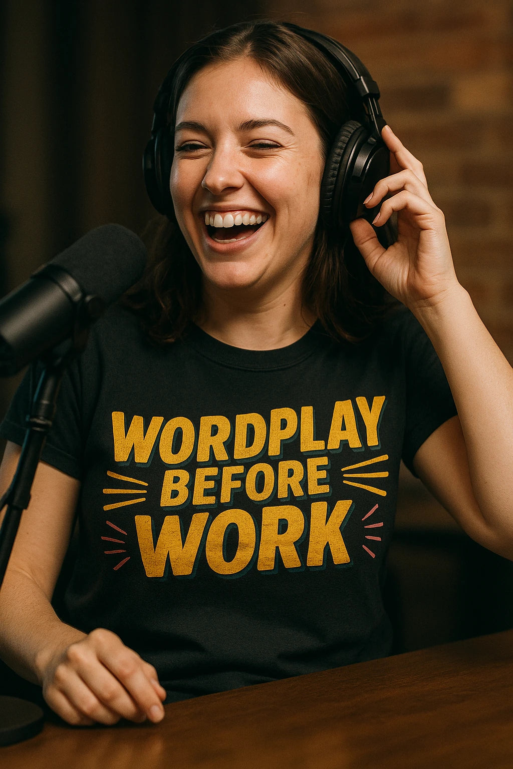 "Wordplay Before Work" black comedy t shirt, photographed as gifts for comedy lovers