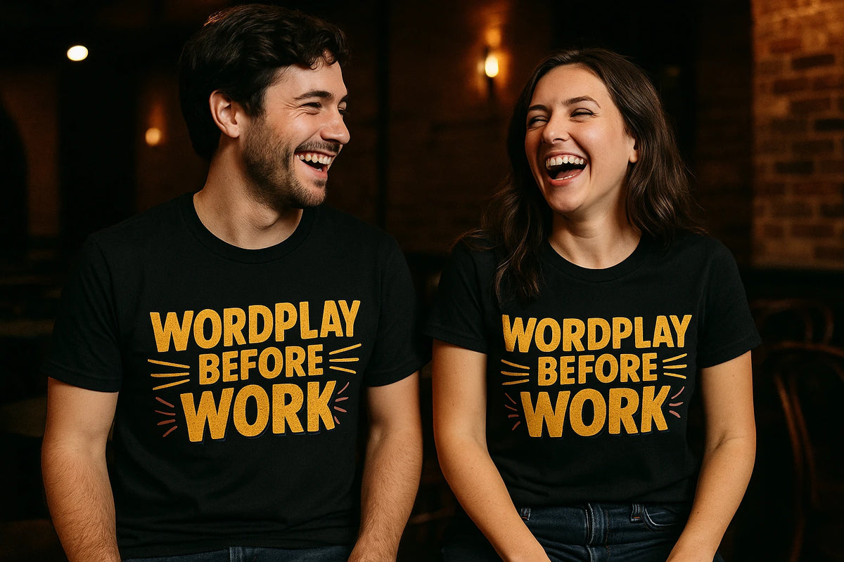 Person wearing the black comedy t shirt graphic tee - "Wordplay Before Work" design