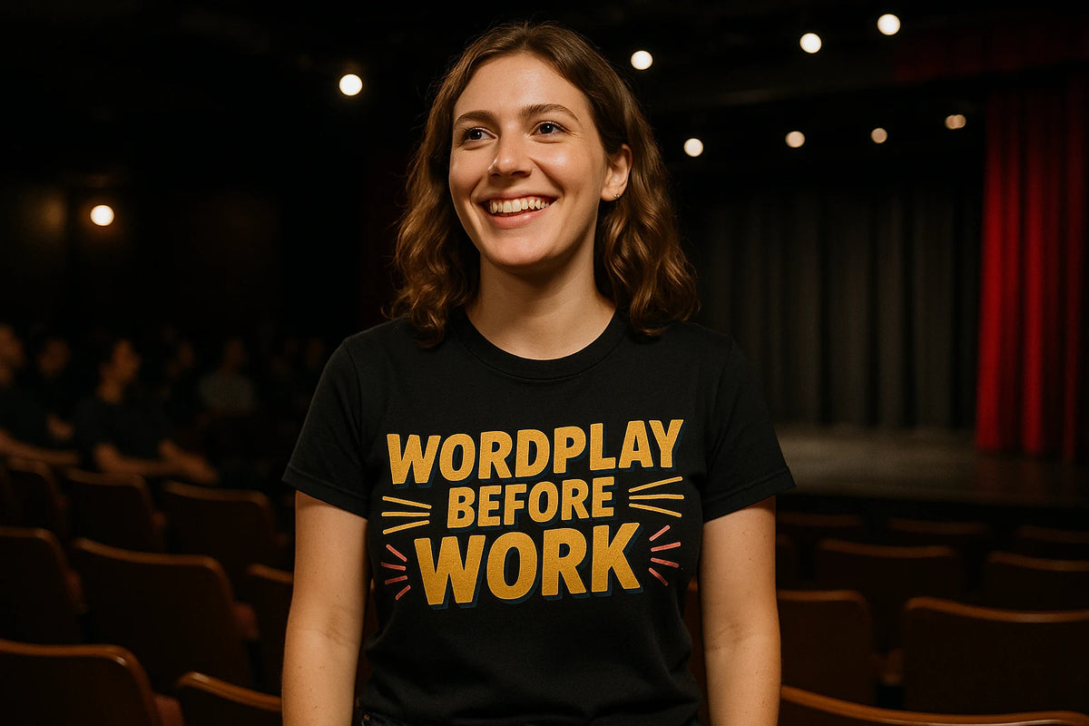 Lifestyle shot of the "Wordplay Before Work" black comedy t shirt in a real-world setting