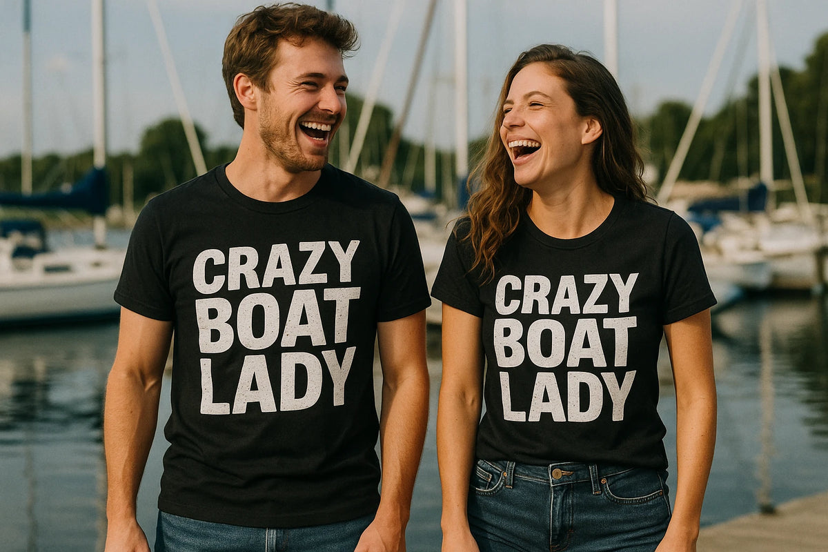 Person wearing the black boats and hoes t shirt graphic tee - "Crazy Boat Lady" design