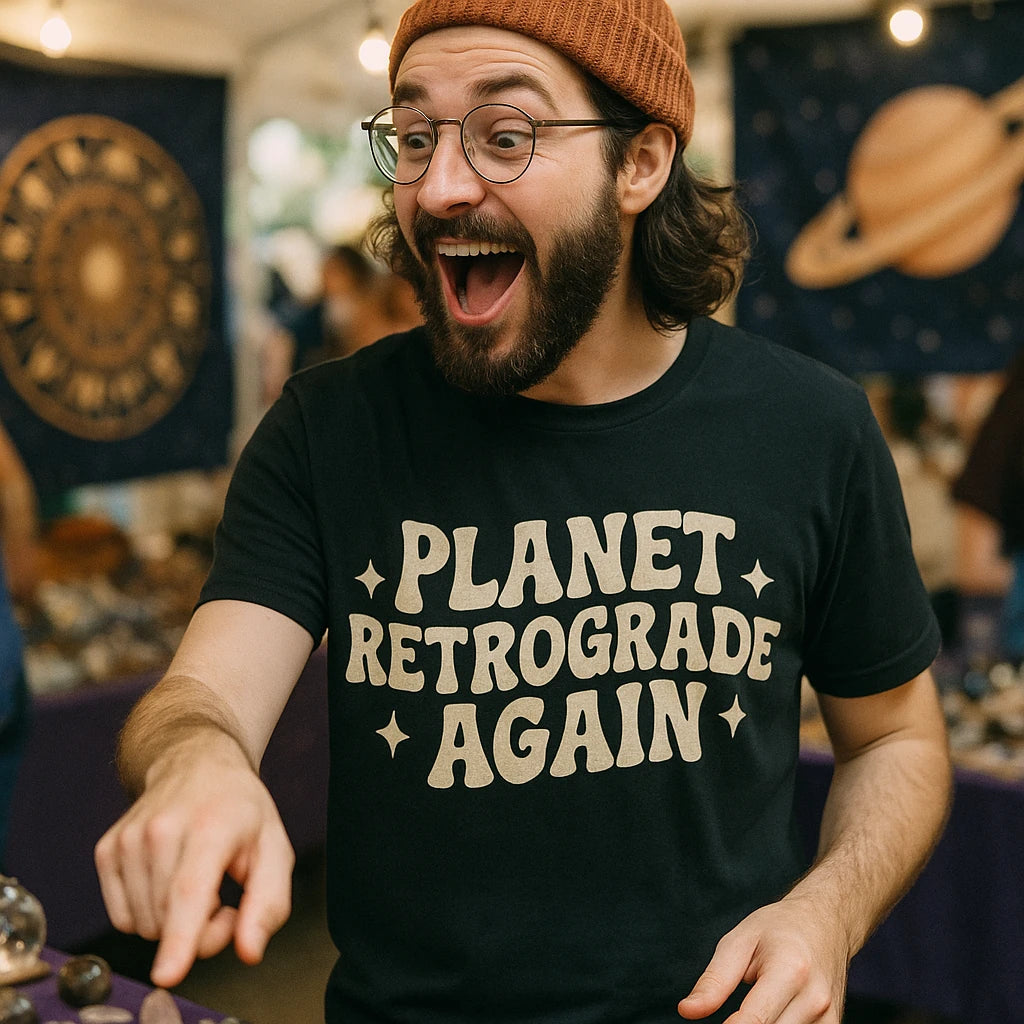 "Planet Retrograde Again" black cancer t shirts astrology, photographed as presents for astrology lovers