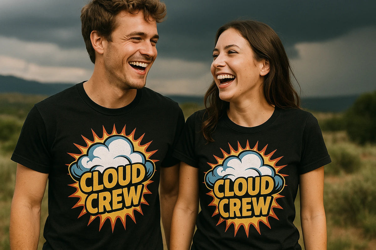 Person wearing the black storms t shirt graphic tee - "Cloud Crew" design