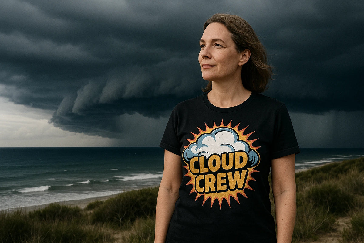 Lifestyle shot of the "Cloud Crew" black storms t shirt in a real-world setting