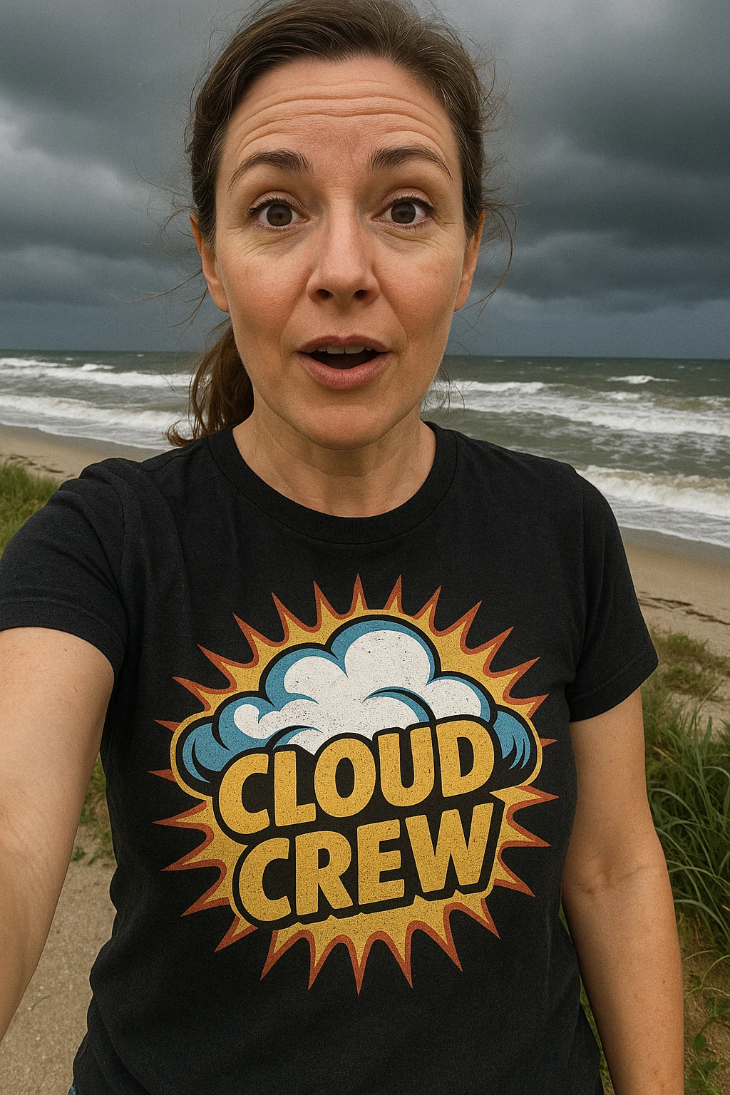 "Cloud Crew" black storms t shirt, photographed as storms lover gift