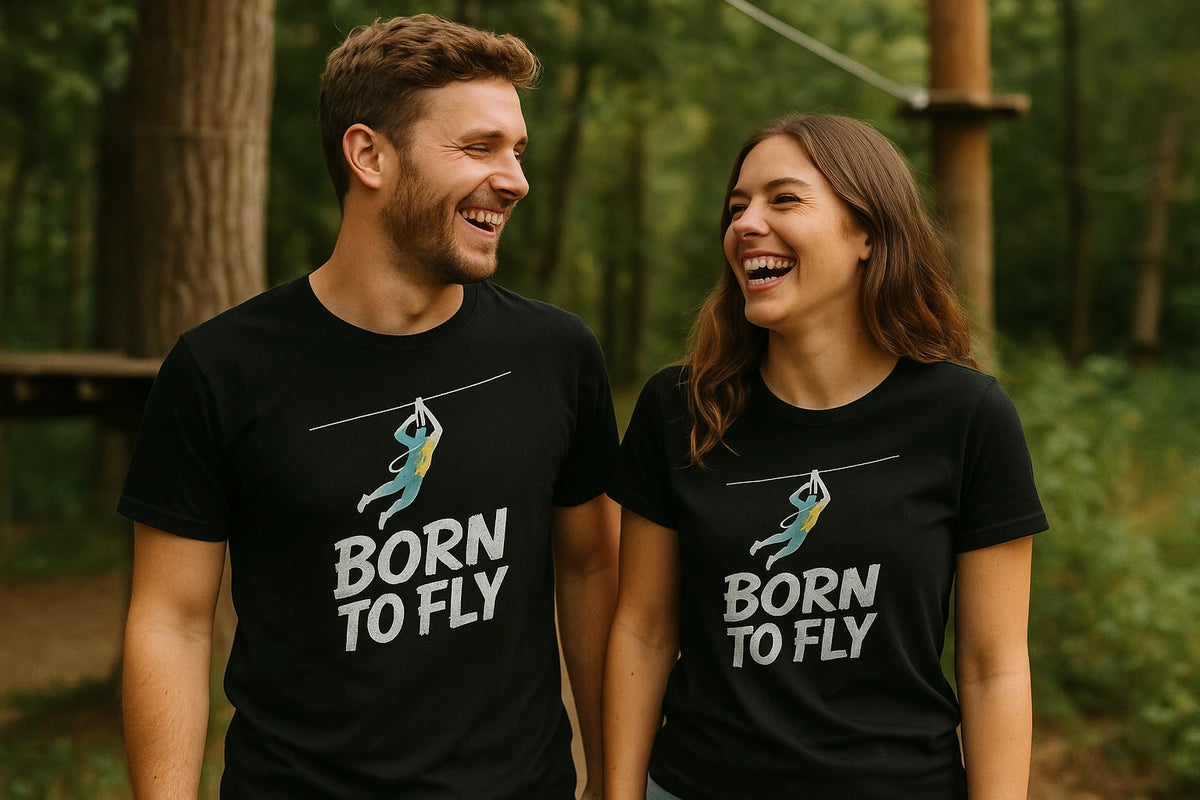 Person wearing the black zip lining t shirt graphic tee - "Born To Fly" design