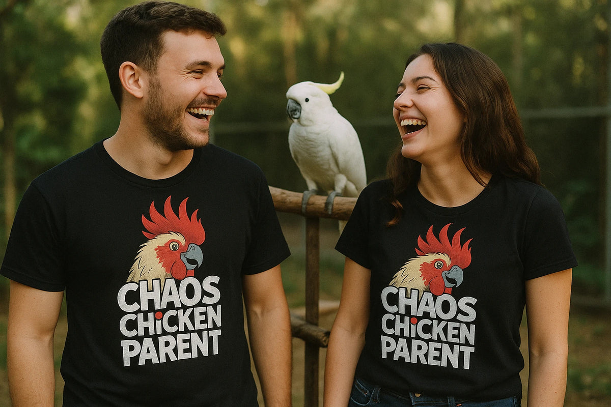 Person wearing the black cockatoo shirts graphic tee - "Chaos Chicken Parent" design
