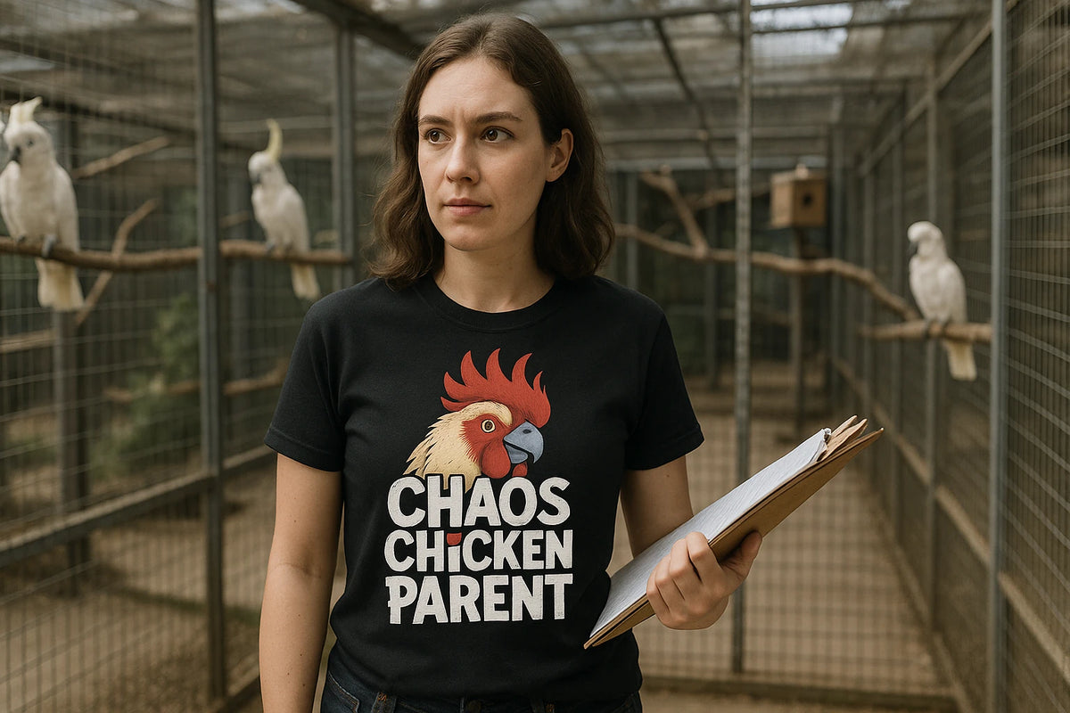 Lifestyle shot of the "Chaos Chicken Parent" black cockatoo shirts in a real-world setting