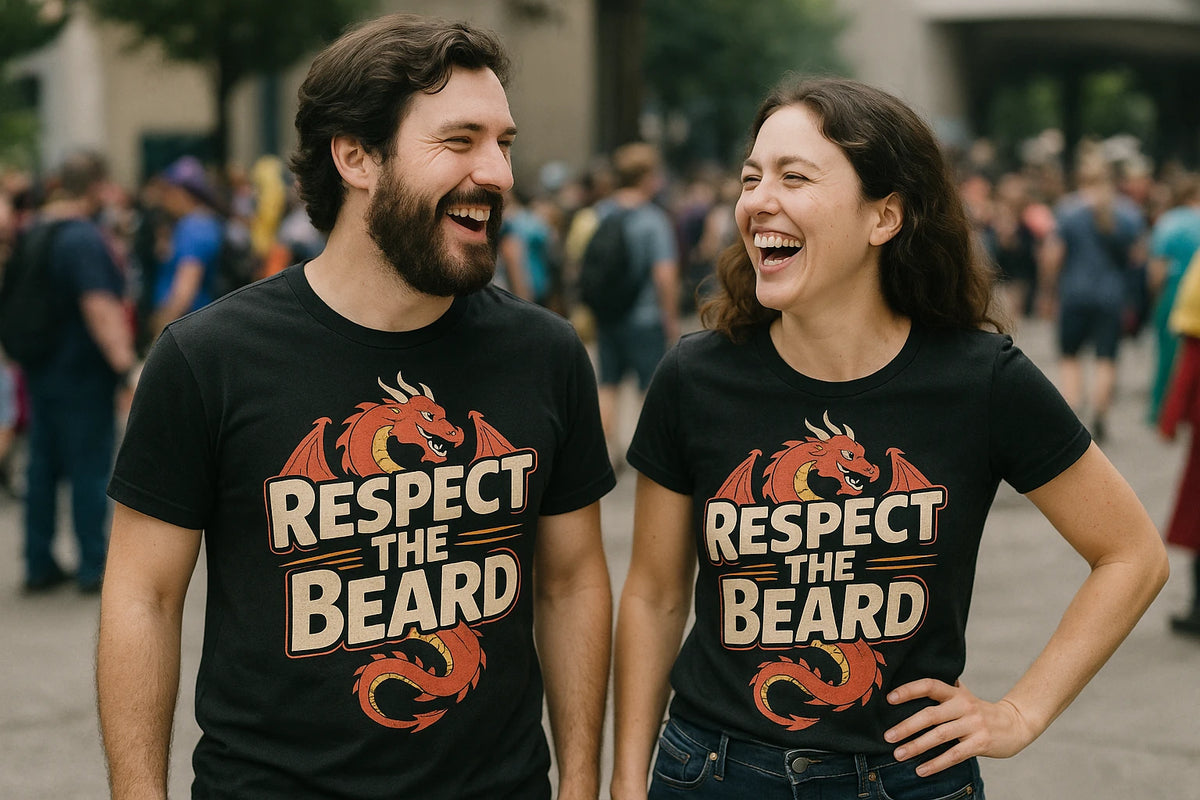 Person wearing the black dragons t shirt graphic tee - "Respect the Beard" design