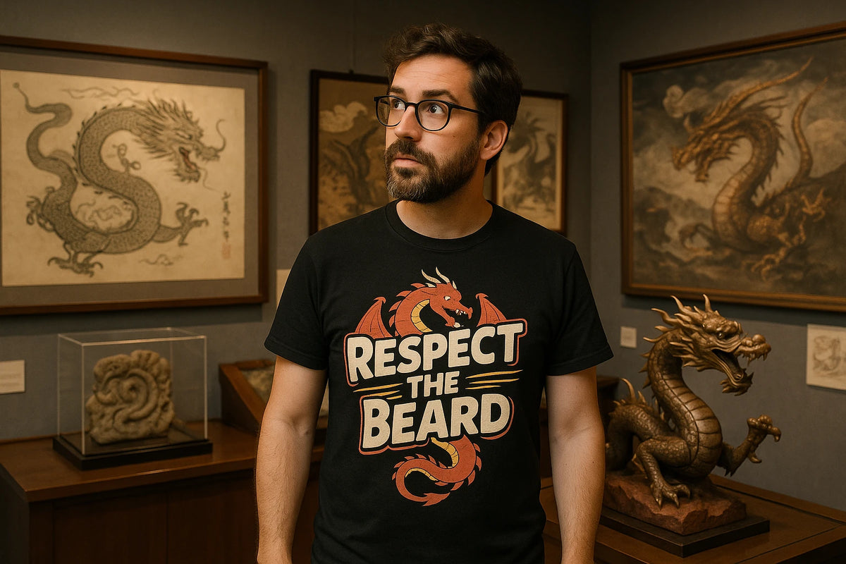 Lifestyle shot of the "Respect the Beard" black dragons t shirt in a real-world setting