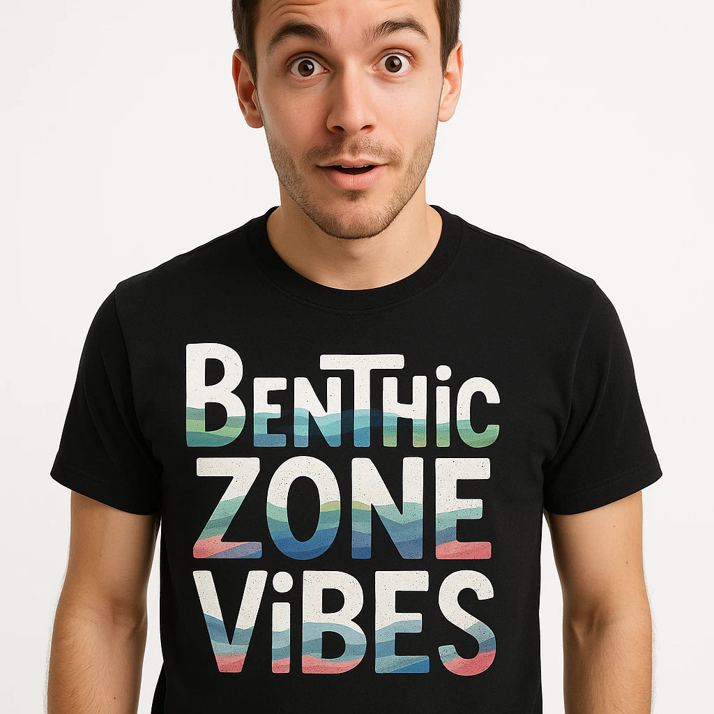 Close-up of the "Benthic Zone Vibes" white print on a premium Bella+Canvas black marine biology shirts