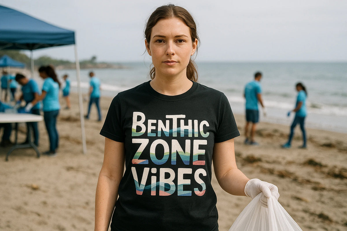 Lifestyle shot of the "Benthic Zone Vibes" black marine biology shirts in a real-world setting