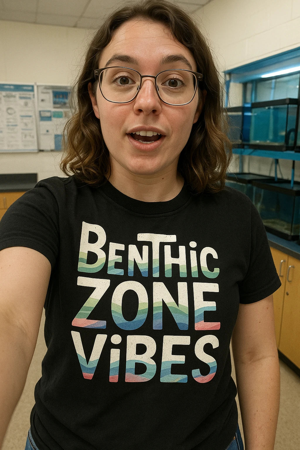 "Benthic Zone Vibes" black marine biology shirts, photographed as marine biology lover gift