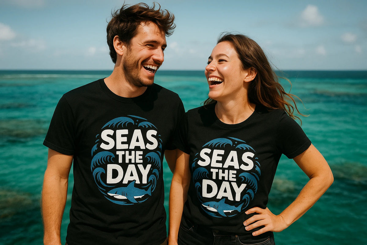 Person wearing the black oceans t shirt graphic tee - "Seas the Day" design