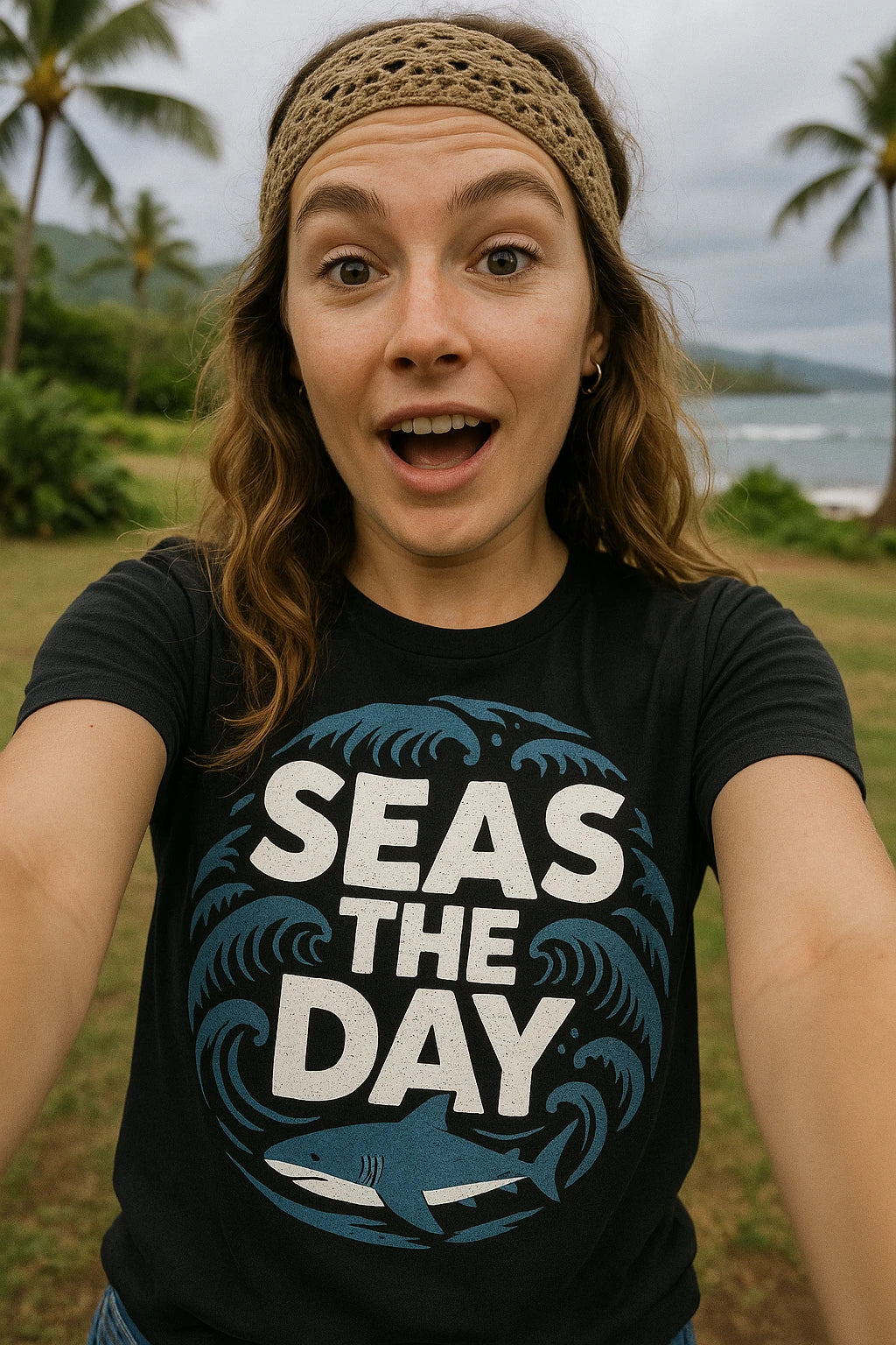 "Seas the Day" black oceans t shirt, photographed as oceans lover gift