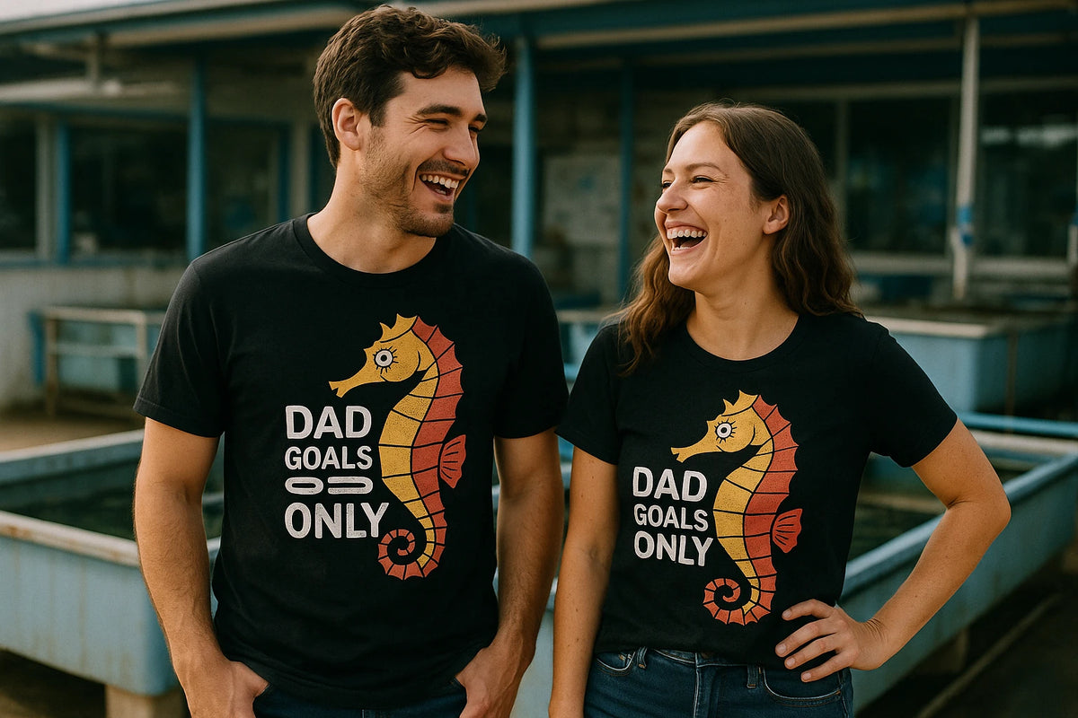 Person wearing the black seahorse t shirt graphic tee - "Dad Goals Only" design