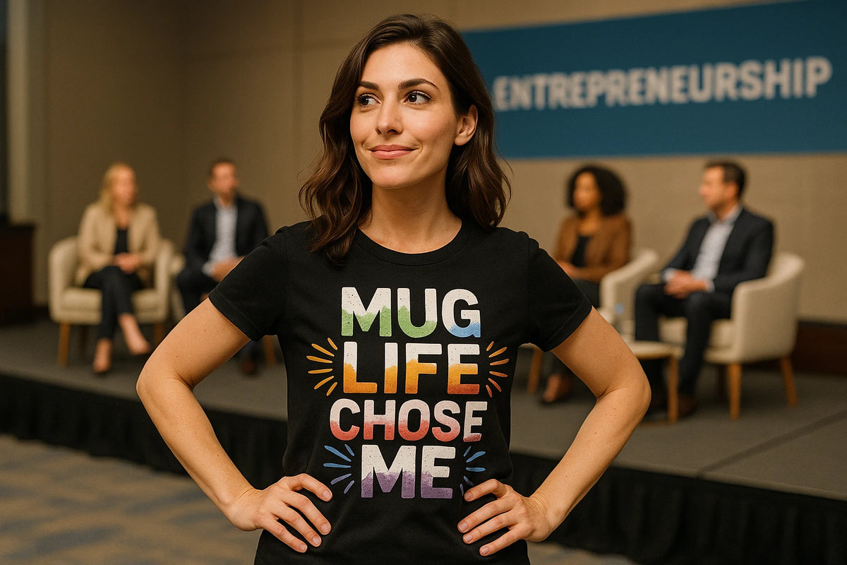 Lifestyle shot of the "Mug Life Chose Me" black entrepreneurs t shirt in a real-world setting