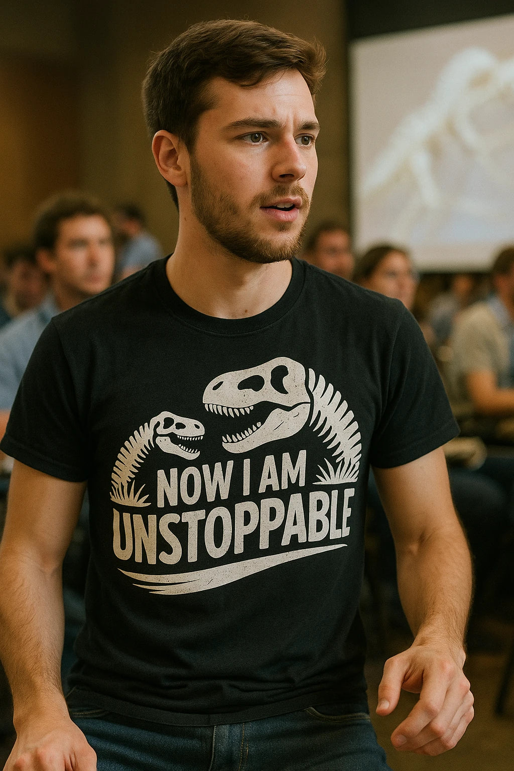 "Now I Am Unstoppable" black paleontology shirts, photographed as gifts for paleontology lovers