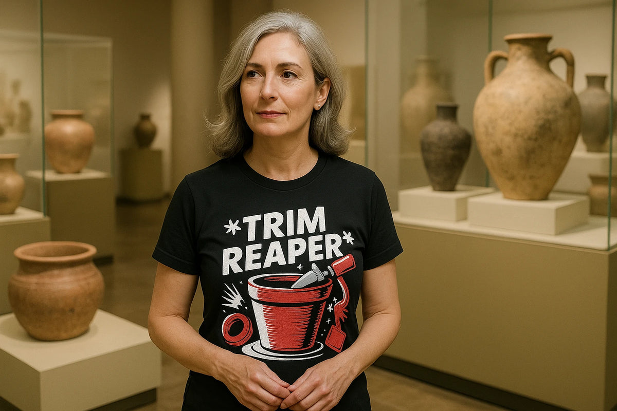 Lifestyle shot of the "Trim Reaper" black online ceramics t shirt in a real-world setting