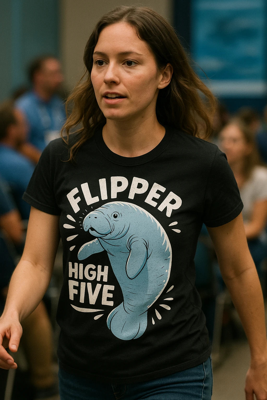 "Flipper High Five" black manatee t shirt, photographed as gifts for manatee lovers