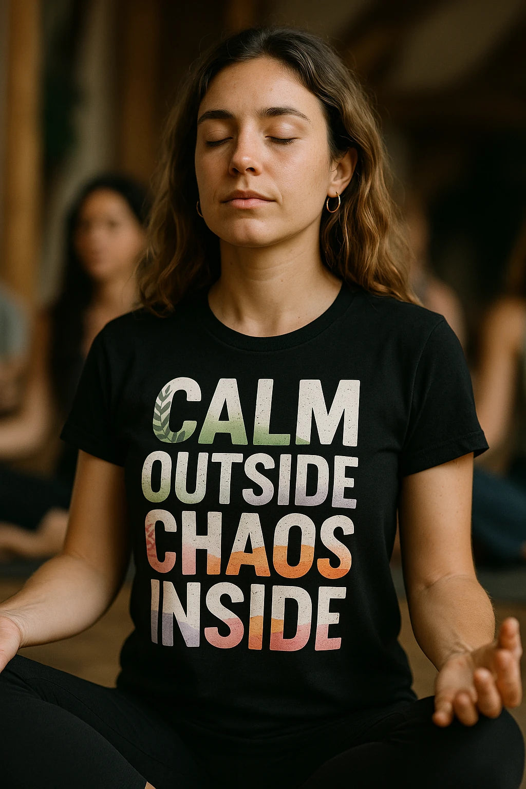 "Calm Outside Chaos Inside" black meditation tee shirts - also one of the gifts for yoga and meditation lovers