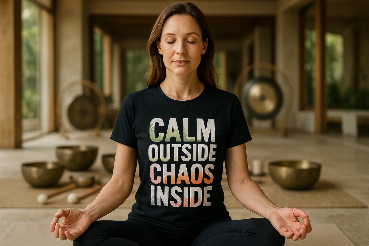 Lifestyle shot of the "Calm Outside Chaos Inside" black meditation tee shirts in a real-world setting