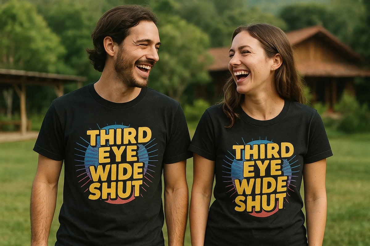 Person wearing the black t shirt meditation graphic tee - "Third Eye Wide Shut" design