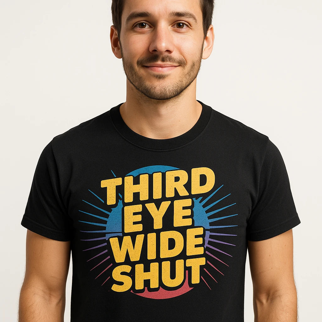 Close-up of the "Third Eye Wide Shut" gold print on a premium Bella+Canvas black t shirt meditation