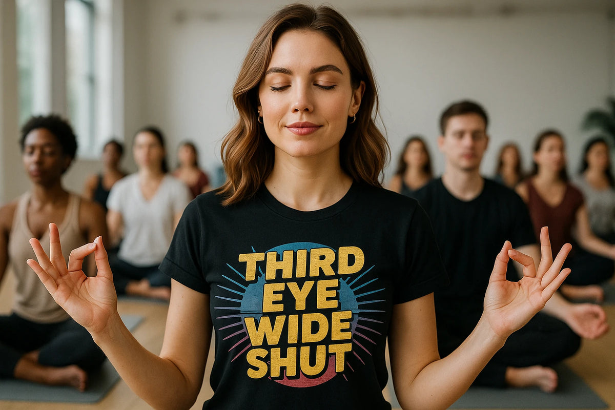 Lifestyle shot of the "Third Eye Wide Shut" black t shirt meditation in a real-world setting