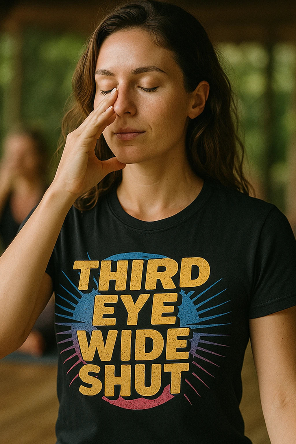 "Third Eye Wide Shut" black t shirt meditation, photographed as gift for meditation lover