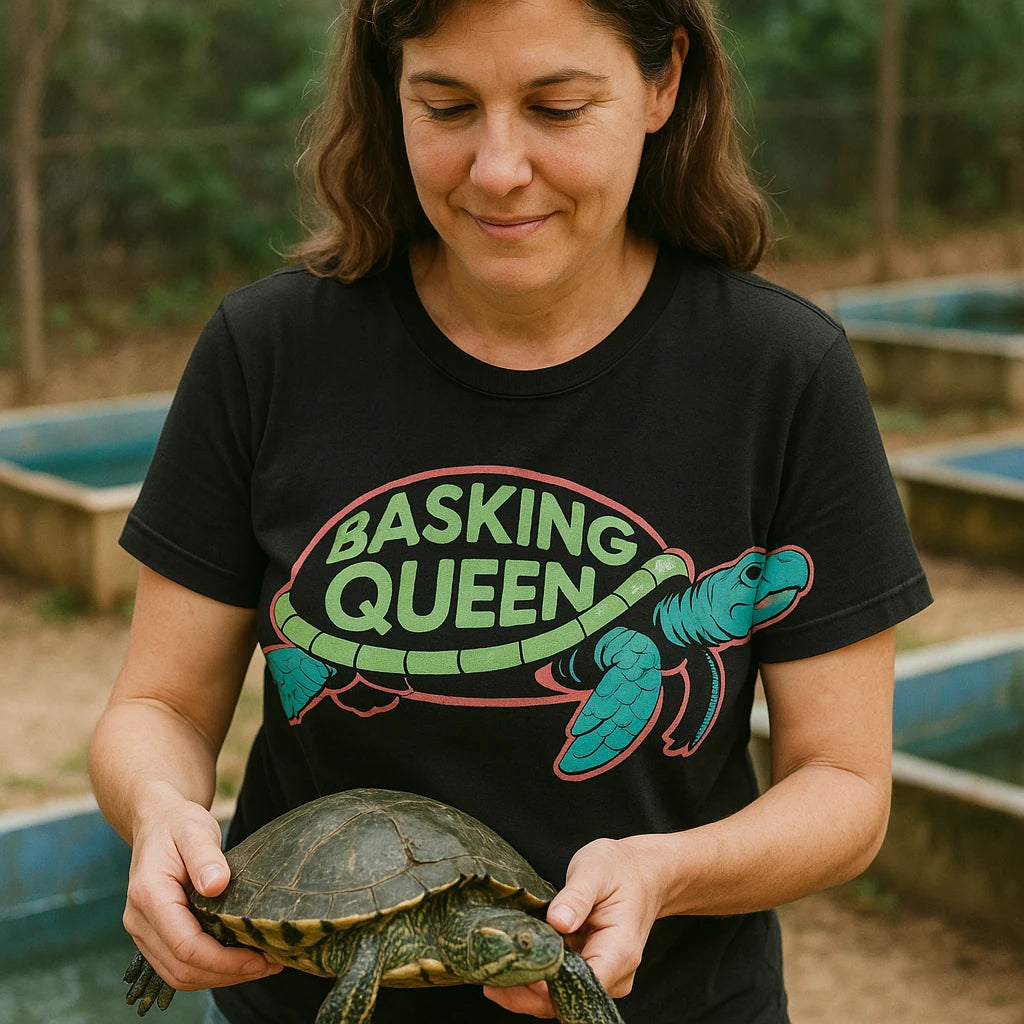 "Basking Queen" black turtle tee, photographed as unique gifts for turtle lovers