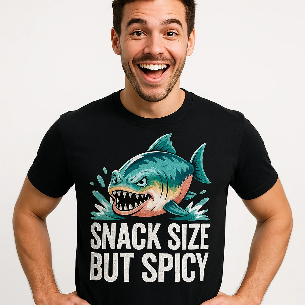 Close-up of the "Snack Size But Spicy" cream print on a premium Bella+Canvas black single piranha head t shirt
