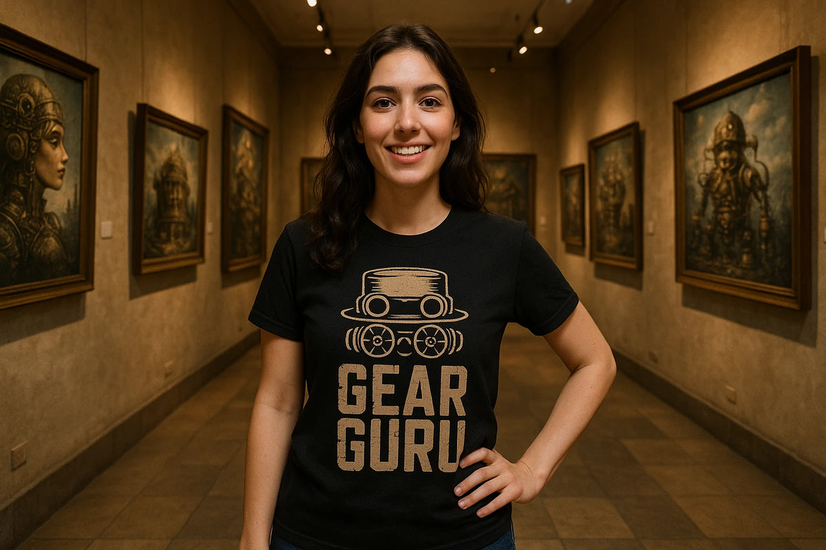 Lifestyle shot of the "Gear Guru" black steampunk shirts in a real-world setting