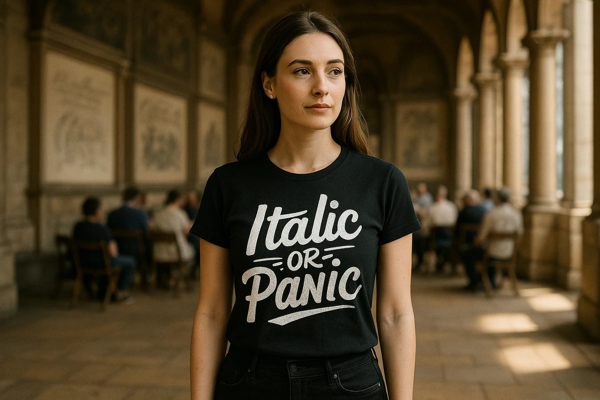 Lifestyle shot of the "Italic Or Panic" black calligraphy shirts in a real-world setting