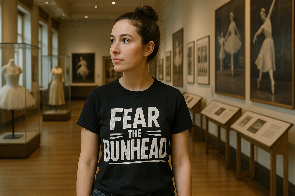 Lifestyle shot of the "Fear the Bunhead" black graphic tee in a real-world setting
