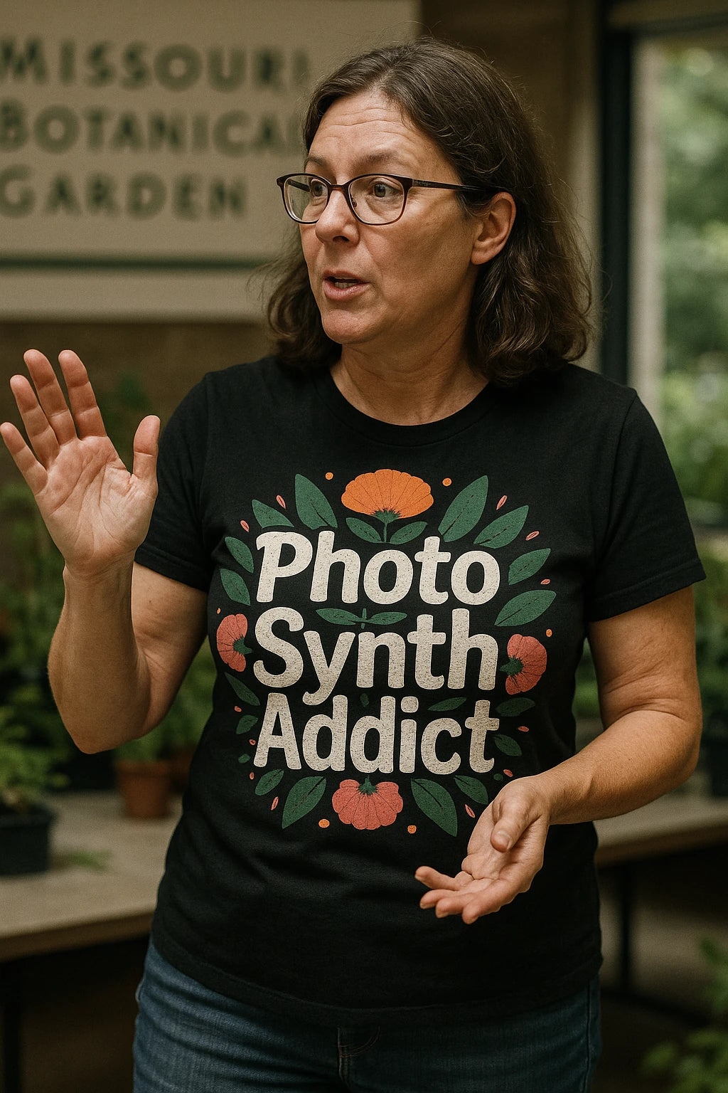 "Photo Synth Addict" black botany t shirt, photographed as gifts for botany lovers