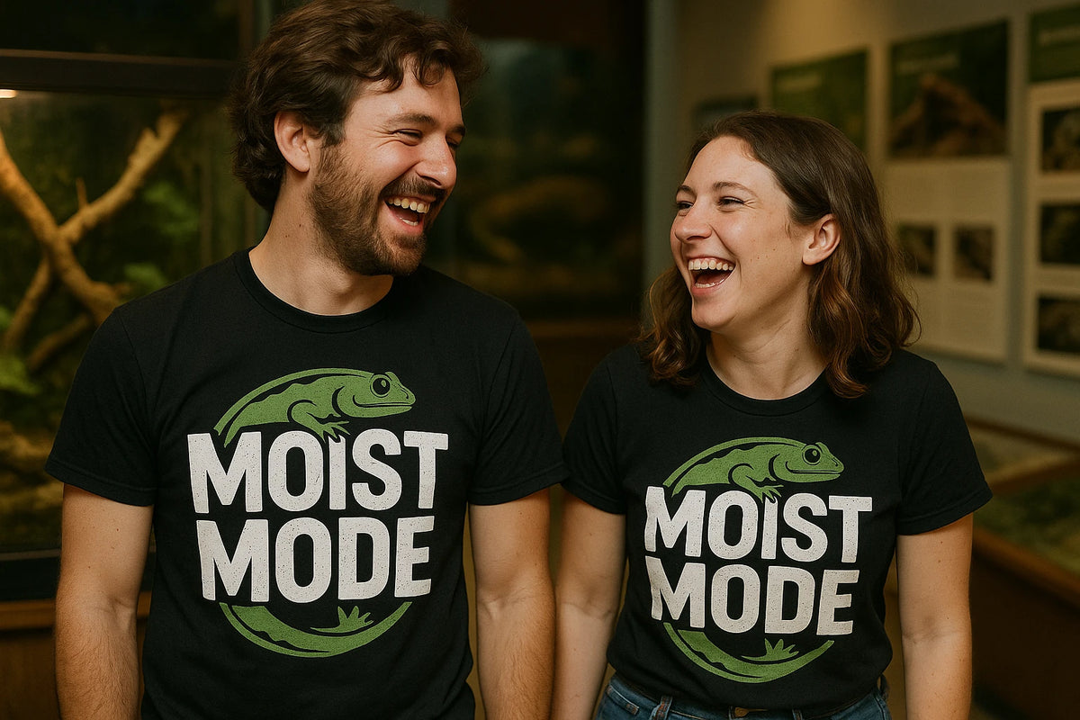 Person wearing the black salamanders t shirt graphic tee - "Moist Mode" design
