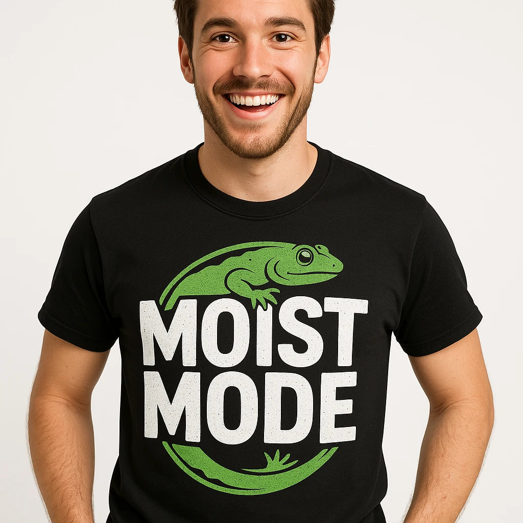 Close-up of the "Moist Mode" white print on a premium Bella+Canvas black salamanders t shirt