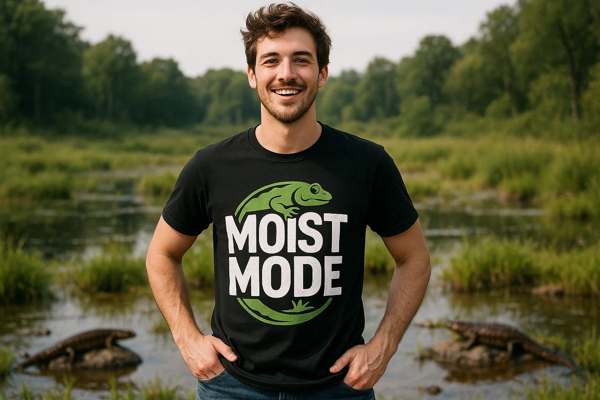 Lifestyle shot of the "Moist Mode" black salamanders t shirt in a real-world setting